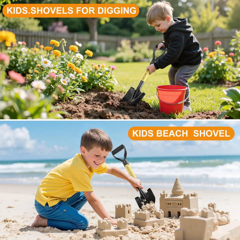 Heavy Duty 28 Inch Round Shovel With D Handle Solid Wood Grip And Carbon Steel Blade used by kids digging in a garden and beach sand.
