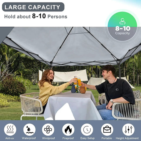 10x10 Pop Up Canopy Tent With Side Walls Waterproof Portable Shade For Camping, backyard picnic setup with two people toasting.