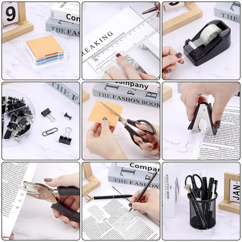 All In One Black Desk Organizer Set For Home Office And School with stapler, tape dispenser, scissors, and more in use
