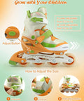 Adjustable inline skates for kids ages 12 to 16 youth size Y6 to Y8 with light up wheels and protective support in orange