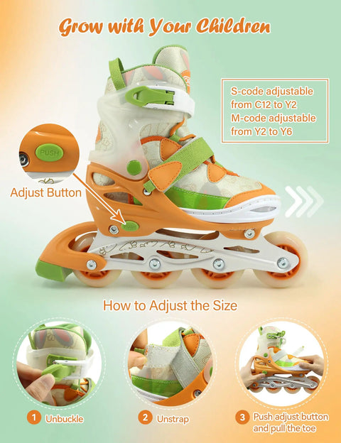 Adjustable inline skates for kids ages 12 to 16 youth size Y6 to Y8 with light up wheels and protective support in orange