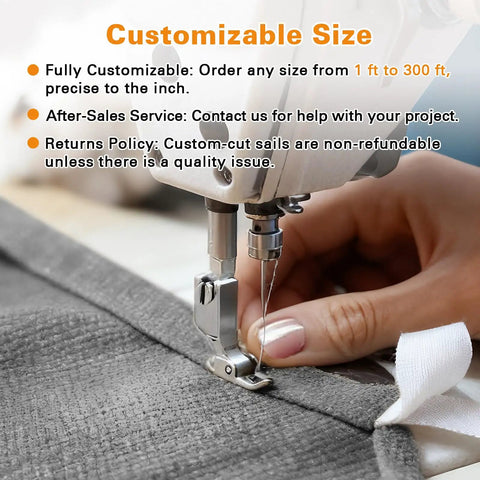 Close-up of sewing machine stitching Sun Shade Sail 20 By 20 By 28 Point 3 Triangle Dark Grey With Curved Edges Commercial Grade 185GSM HDPE