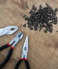 Hardcore Carbon Steel Mini Wood Screws Deep Thread Fasteners Furniture Hardware Kit No Sweat Assembly Tough Little Bolts For Home Repair Heavy Duty Small Screw Replacement Kit 100 Pack with pliers on wood surface.