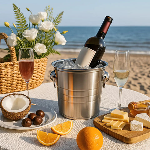 Two Pack 3 Quart Stainless Steel Ice Buckets With Handles, Wide Rim Beverage Tubs For Beer And Wine, on beach setting
