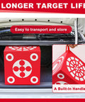 Red 3D Foam Archery Target With Six Sided Dice Cube Lightweight 13 Inch Square Block With Handle in car trunk.