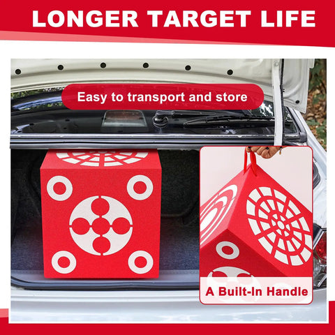 Red 3D Foam Archery Target With Six Sided Dice Cube Lightweight 13 Inch Square Block With Handle in car trunk.