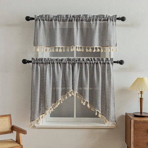 Linen Textured Swag Curtain Valance With Rod Pocket For Farmhouse Kitchen And Small Windows, Light Filtering Rustic Topper In Gray