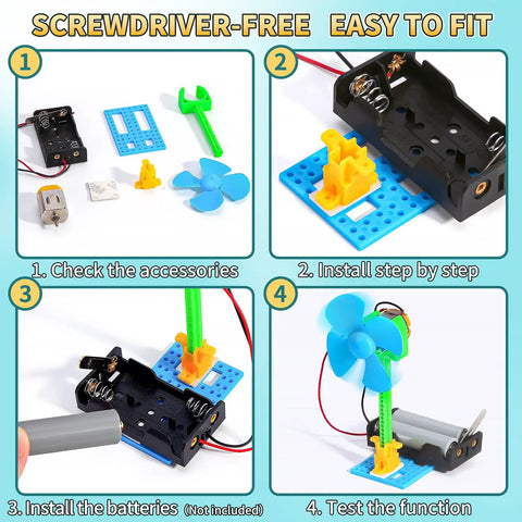 Eight Pack Electrical Fan STEM Kits For Kids Ages 8 To 12 assembly steps; checking accessories, assembling components, battery installation, fan testing.