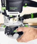 Edge Guide Parallel Side For OF 1010 And MFK 700 Routers With Fine Adjustment in use on a router with a person's hand adjusting