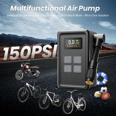 Portable Bike Tire Pump With Gauge 150 PSI Electric Inflator For Presta And Schrader Valves Auto Stop Uber Fast Brushless Motor Upgraded Compact Pump For E Bike MTB Road Bike And Ball