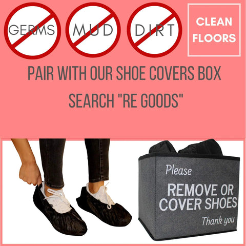 Extra Thick Black Disposable Shoe Covers 100 Pack With Elastic Fit Non Slip Booties, box labeled "Remove or Cover Shoes"