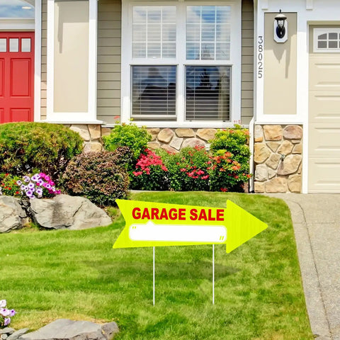 12 Pack Double Sided Neon Arrow Garage Sale Signs With Stakes 17 X 6 Inches High Visibility This Way Plastic Decoration Yellow And Red Great For Yard Sales Flea Markets Or Pop Up Events Easy To See From Afar, yard sign on lawn
