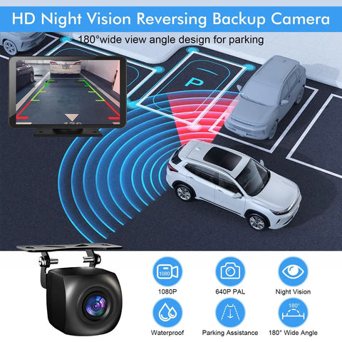 HD Night Vision Reversing Backup Camera showing 180° wide view angle for easy parking in crowded areas with visual aids.