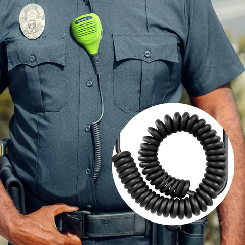 Two Pin Walkie Talkie Speaker Microphone With PTT for GMRS Ham Radio clipped on uniform, coiled cable detail, green color