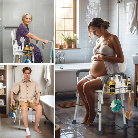 Sturdy 304 Stainless Steel Shower Caddy Hanging Organizer for Shower Chairs and Benches Designed for Elderly Seniors and Disabled Bath Time Use No Fuss Easy Install Rustproof Water Resistant Keeps Toiletries Within Reach in the Shower.