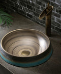 Bathroom Vessel Sink Vintage Hand Engraving Skirted Vessel, Ceramic Round Sink, showing unique swirl design in elegant bathroom setting.