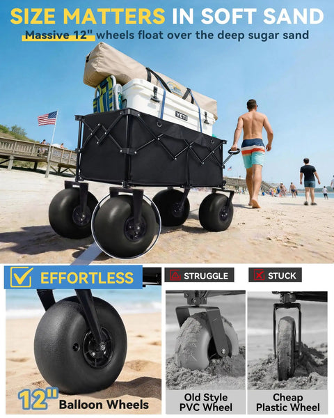 Beach Wagon With 12 Inch Balloon Wheels And Upgraded PU Tires, Collapsible 500Lb Capacity Sand Cart for beach haul