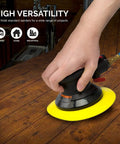 Hand using a DA sander with Beefed-Up Flexible Edge Hook And Loop PU Backing Pad, 6 Inches By Five Sixteenths Of An Inch, 24 Thread