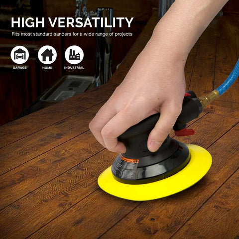 Hand using a DA sander with Beefed-Up Flexible Edge Hook And Loop PU Backing Pad, 6 Inches By Five Sixteenths Of An Inch, 24 Thread