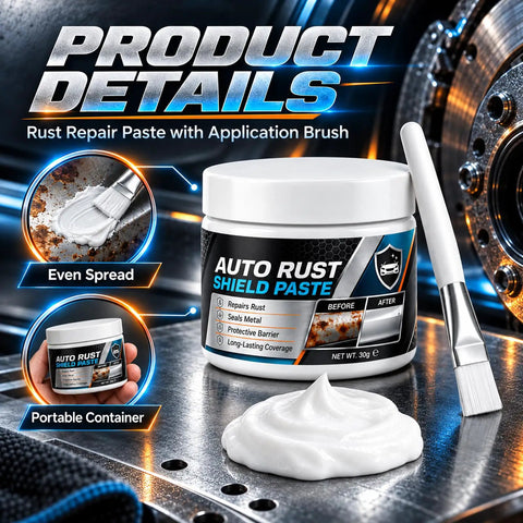 Hit The Garage And Fix That Rust Real Quick With Car Metal Rust Repair Paste And Brush 3 Pack product in container with brush on metal surface.
