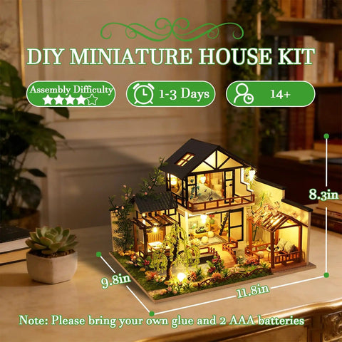 DIY Miniature House Kit With LED Lights, Wooden Dollhouse Craft Kit For Adults And Teens, Tiny Bamboo Stream Garden Dollhouse