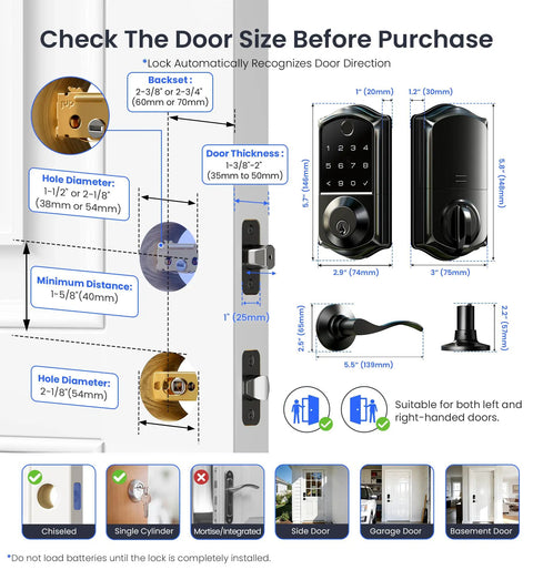 Slick Fingerprint Smart Lock With Premium Matte Black Double Lever Handle Set size and installation guidelines diagram.