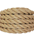Twisted Polypropylene UnManila Rope In Tan 1.5 Inch By 50 Feet All Purpose Utility Cord, coiled and detailed view of texture.
