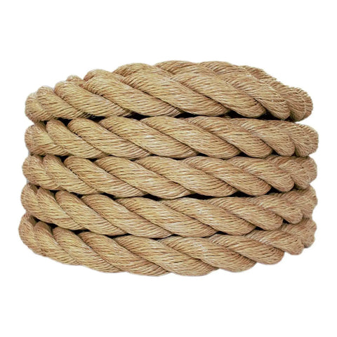 Twisted Polypropylene UnManila Rope In Tan 1.5 Inch By 50 Feet All Purpose Utility Cord, coiled and detailed view of texture.