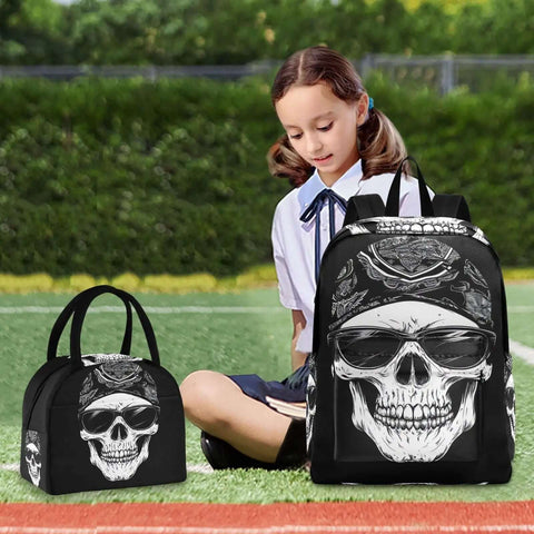 Skull Design Backpack with Insulated Cooler Lunch Box lightweight laptop backpack fits 15.6 inch for women and men daypack.