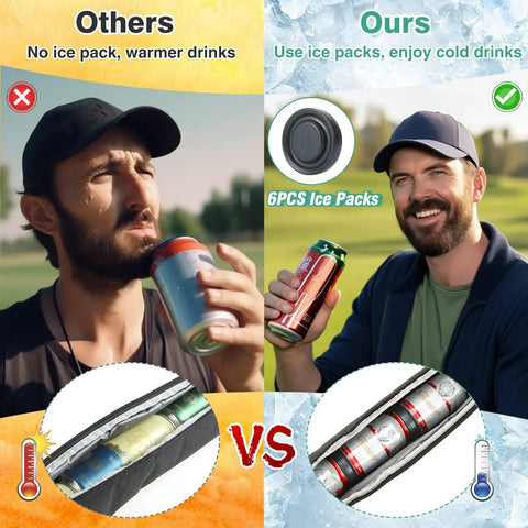 Comparison image showing man with warm drink versus man with cold drink using Cooler Beer Sleeve With Six Ice Pucks Keeps Seven 12 Oz Cans Cold In Your Golf Bag On The Course Easy Access And Great For Casual Swigs Smart Gift For Men Black Golf Bag Accessory.