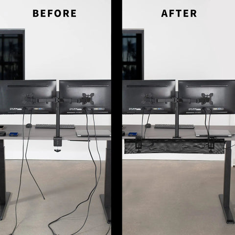 Before and after view of No Drill Clamp-On 36 Inch Mesh Under Desk Cable Management System for Home Office and Standing Desks.