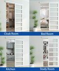 42x84 Inch White PVC Sliding Barn Door With Hardware Kit And Pull installed in various rooms with translucent panels