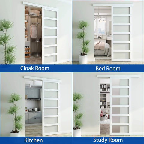 42x84 Inch White PVC Sliding Barn Door With Hardware Kit And Pull installed in various rooms with translucent panels