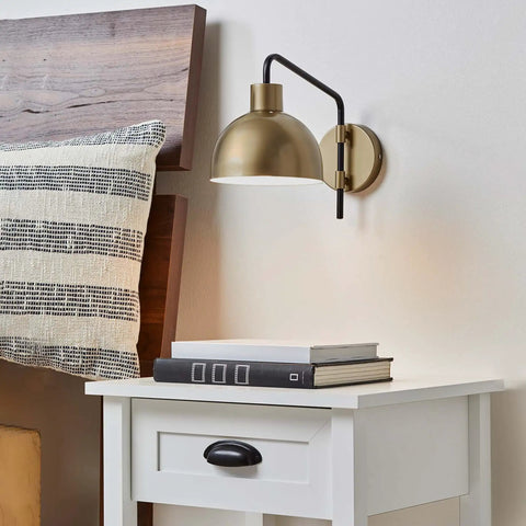 Vintage Industrial 1 Light Wall Sconce Plug In Or Hardwire With Antique Brass And Matte Black Accent next to bed