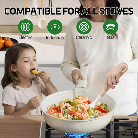 Woman cooking with 23 Piece Nonstick Ceramic Cookware Set With Detachable Handles Induction Compatible and Oven Safe, child eating