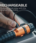Person charging the 1500 Lumen EDC Flashlight using USB cable, featuring Turbo Beam and Magnetic Base for outdoor use