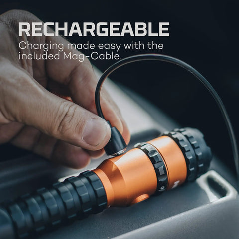 Person charging the 1500 Lumen EDC Flashlight using USB cable, featuring Turbo Beam and Magnetic Base for outdoor use