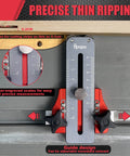 Thin Rip Jig for Table Saws and Routers with laser-engraved scales for precise repeating cuts on narrow strips, durable aluminum.