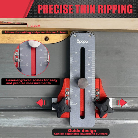Thin Rip Jig for Table Saws and Routers with laser-engraved scales for precise repeating cuts on narrow strips, durable aluminum.