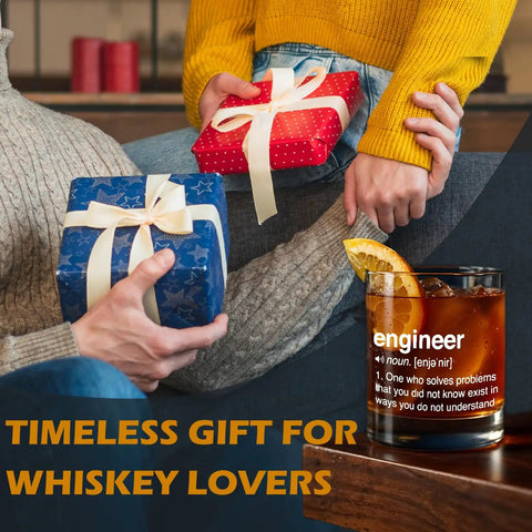 Engineering Themed Whiskey Glass Gift For Men 10 Oz Rocks Glass on table with gifts, perfect for engineers and techies.