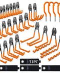 Heavy Duty Garage Wall Hooks 31 Pack Anti Slip PVC Coated Steel Wall Mount Organizer for Ladders Yard Tools Shovels Weed Eaters Hoses and Bulk Gear Built Tough 77 lb Load Capacity Orange, showing multiple sizes and shapes of hooks with PVC coating and mounting hardware.
