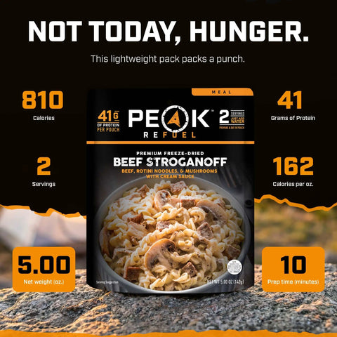 Hearty Beef Stroganoff Freeze Dried Backpacking Meal Just Add Water Made With Real Meat in a lightweight package on rocky surface.