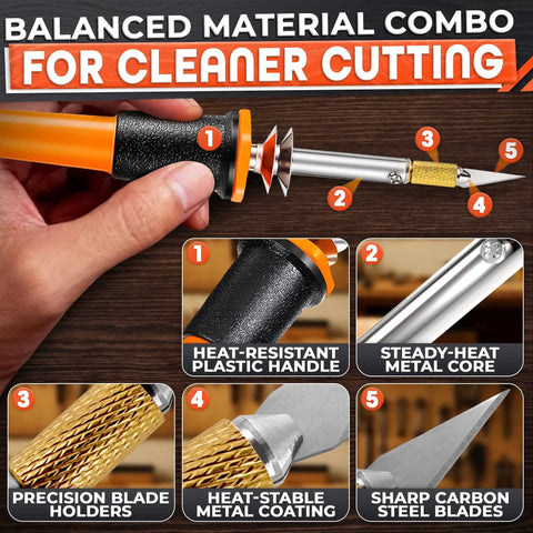 Awesome Hot Knife Plastic Cutter Tool Set With 30W Power And 55 Inch Long Cable detailed view showing heat-resistant handle and carbon steel blades.