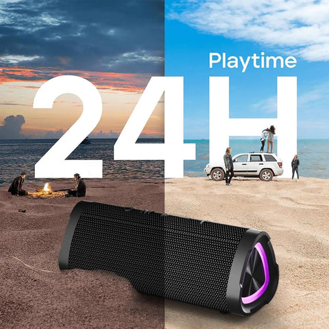 Rugged Portable Bluetooth Speaker With 24W Stereo Sound IPX7 Waterproof 24 Hour Playtime on beach and outdoor scene
