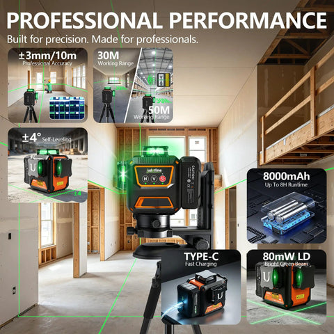 Top Shelf Green Laser Level With 3X360 Self Leveling Precision And Crisp Digital Readout for accurate laser projection in a construction site.