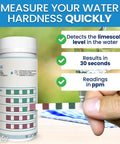 Hard Water Test Strips Kit With 150 Tests And A 5-Pad Color Chart For Quick 60 Second Readings, No Guesswork, Accurate Hard Water Levels For Home Well Pool Spa And Softener System, bottle and strip close-up