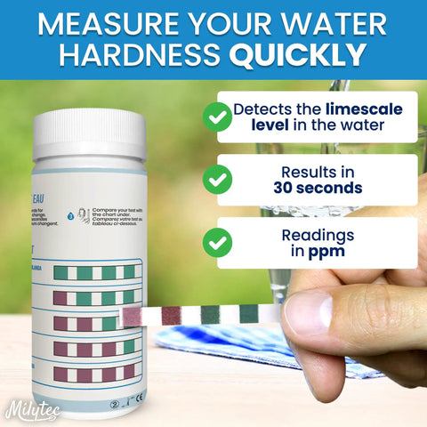 Hard Water Test Strips Kit With 150 Tests And A 5-Pad Color Chart For Quick 60 Second Readings, No Guesswork, Accurate Hard Water Levels For Home Well Pool Spa And Softener System, bottle and strip close-up
