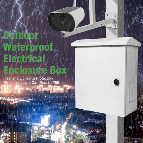 Badass Outdoor Electrical Box With Heavy Duty Cooling Fan And Smart Ventilation Design IP65 Waterproof Street Light Cabinet Wall Or Pole Mount Rig 20X16X8 Inch Cold Rolled Steel mounted on a pole with camera.