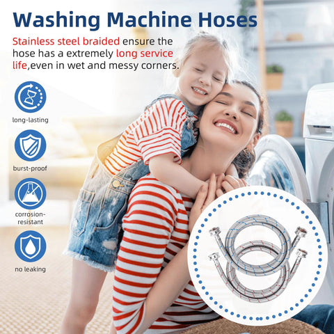 Front view: stainless steel braided washing machine hoses, 4 ft, 3/4 in NPT connectors, red and blue, 2-pack