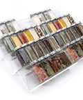 Heavy Duty Clear Acrylic Spice Drawer Organizer 4 Tier 2 Pack with spice jars on expandable rack.